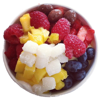 photo of mochibits and fruit toppings on frozen yogurt